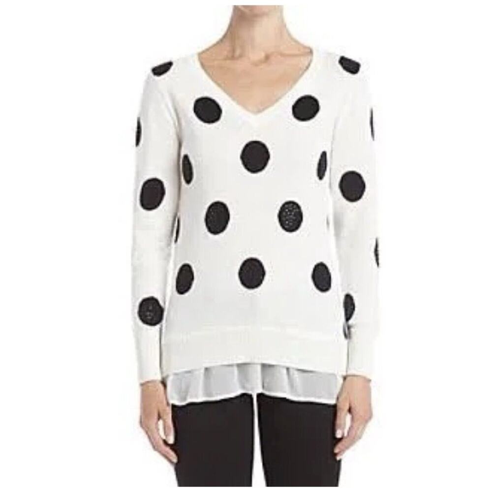 Chelsea & Theodore Woman 2X Sweater Rhinestone Polka Dot Ivory Black Layered‎